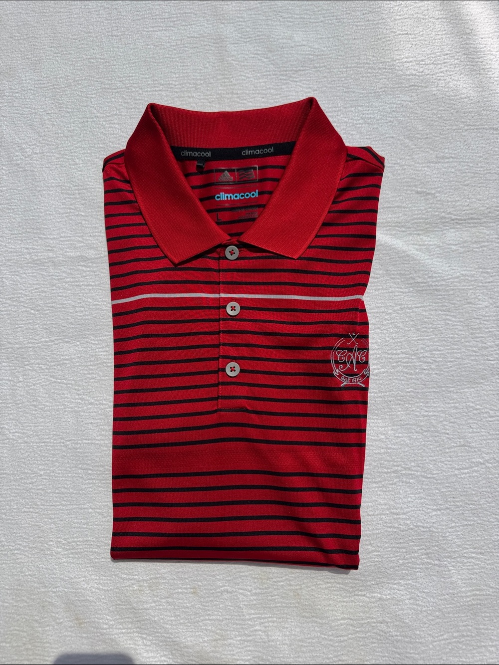 NWOT Mens Adidas Striped Red and Black Aurora Country Club Golf Shirt L